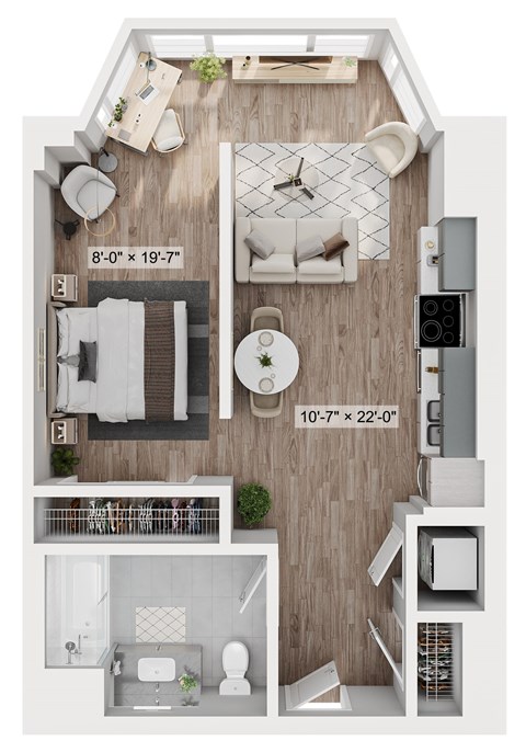 A floor plan of a small apartment with a living room, kitchen, and bathroom.